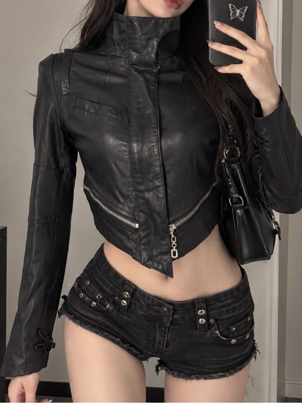 Vintage Black Genuine Leather High Collar Cropped Moto Biker Jacket XS